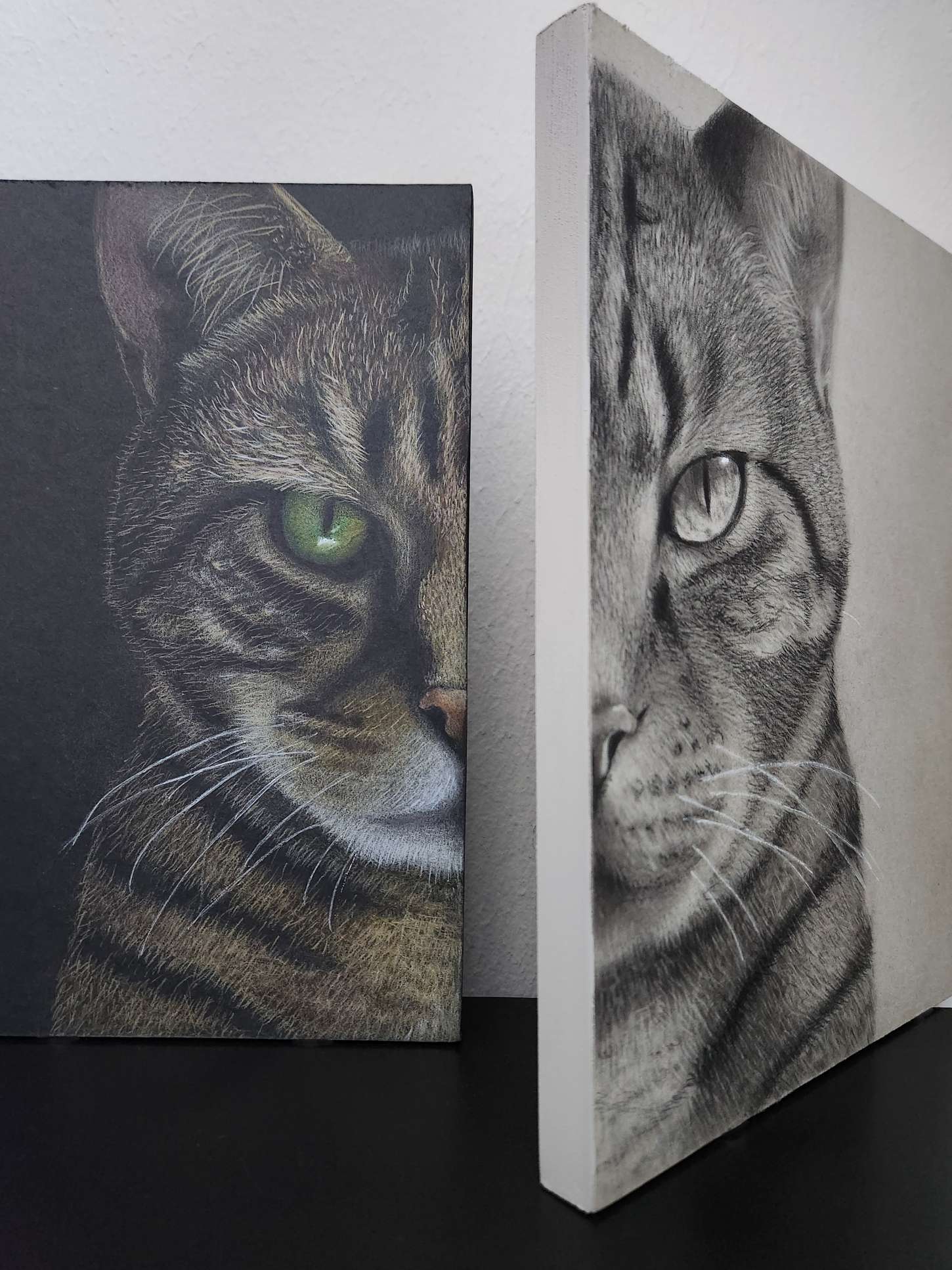 A realistic drawing of a brown tabby cat from the shoulders up with green eyes. The portrait is split down the middle drawn with colored pencils on black paper on the left and charcoal on grey toned paper on the right. Each side is mounted to a cradled wood panel