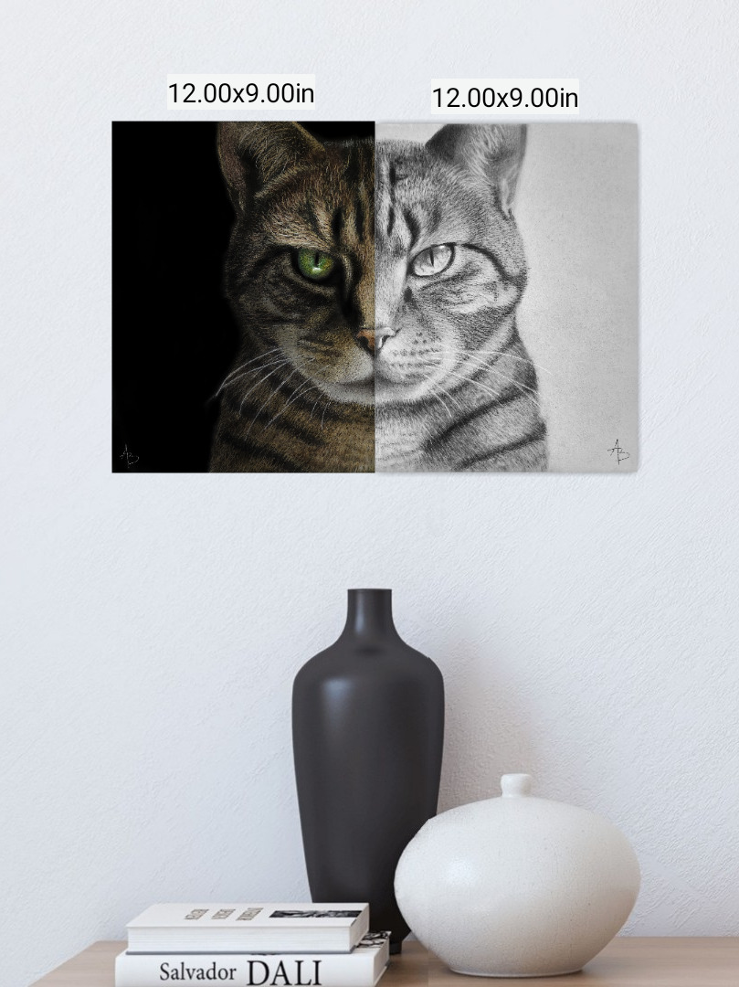 A realistic drawing of a brown tabby cat from the shoulders up with green eyes. The portrait is split down the middle drawn with colored pencils on black paper on the left and charcoal on grey toned paper on the right. Both drawings are hung on a wall above a shelf with books and vases