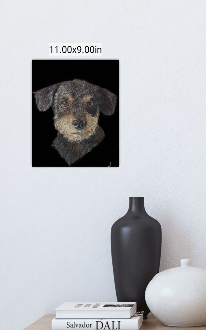 Colored pencil portrait of a black and tan puppy drawn on black paper hung on the wall